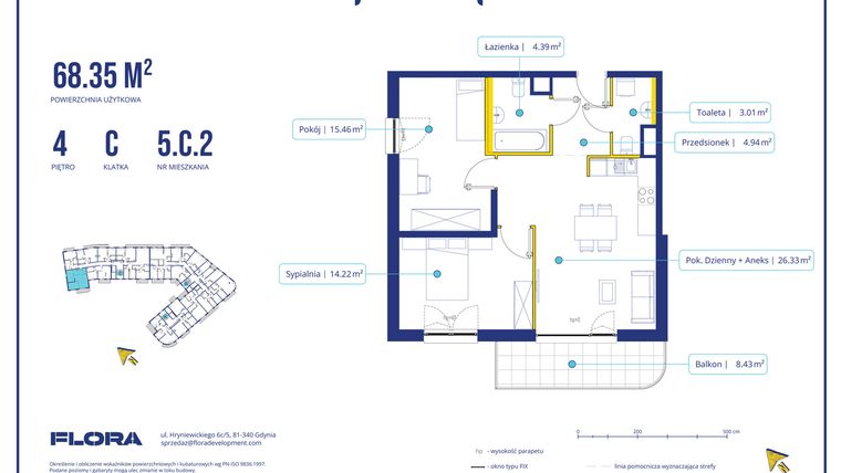 Rzut - Mieszkanie na sprzedaż 3 pokoje o powierzchni 68,35 m² - numer 5.C.2 w Piotra 4
