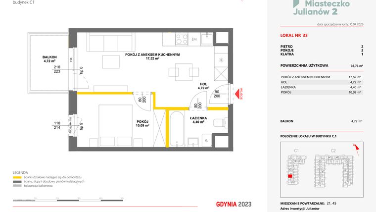 Rzut - Mieszkanie na sprzedaż 2 pokoje o powierzchni 36,73 m² - numer 33 w Miasteczko Julianów etap 2