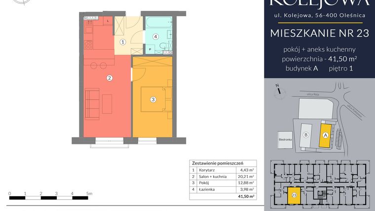 Rzut - Mieszkanie na sprzedaż 2 pokoje o powierzchni 41,5 m² - numer A.23 w Osiedle Kolejowa