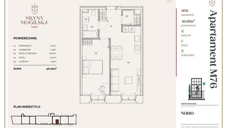 Rzut - Mieszkanie na sprzedaż 2 pokoje o powierzchni 46,2 m² - numer C.76 w Młyny Mogilska
