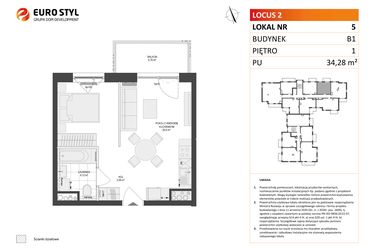 Rzut - Mieszkanie na sprzedaż 1 pokój o powierzchni 34,28 m² - numer 5 w Locus 2