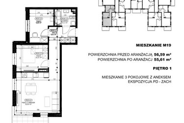 Rzut - Mieszkanie na sprzedaż 3 pokoje o powierzchni 55,61 m² - numer B2-M19 w Stacja Łódź V – etap B2