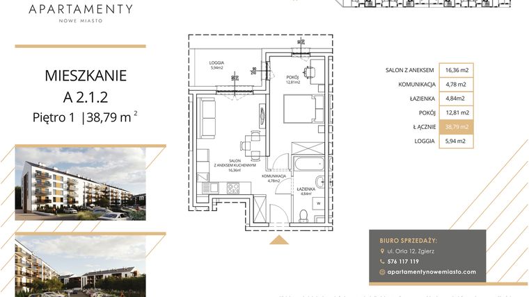 Rzut - Mieszkanie na sprzedaż 2 pokoje o powierzchni 38,79 m² - numer A2.1.2 w Apartamenty Nowe Miasto