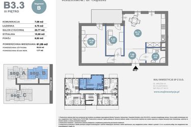 Rzut - Mieszkanie na sprzedaż 2 pokoje o powierzchni 61,09 m² - numer B3.3 w Nowy Radzionków