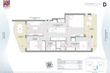 Rzut - Mieszkanie na sprzedaż 3 pokoje o powierzchni 123,84 m² - numer P1-BL3-D w Miami Towers