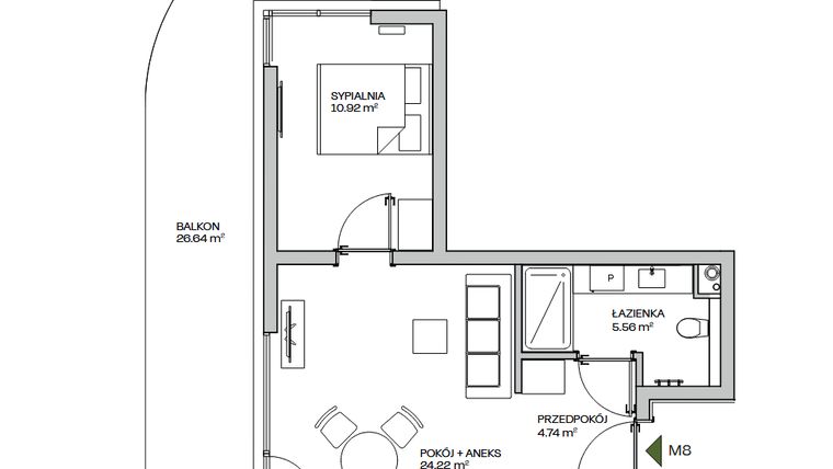 Rzut - Mieszkanie na sprzedaż 2 pokoje o powierzchni 45,44 m² - numer M8 w Zielona Marina - Apartamenty inwestycyjne