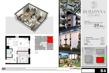 Rzut - Mieszkanie na sprzedaż 2 pokoje o powierzchni 39,96 m² - numer B4 w Rodzinna Malta