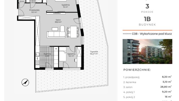 Rzut - Mieszkanie na sprzedaż 3 pokoje o powierzchni 78,33 m² - numer C08 w Na Koszutce