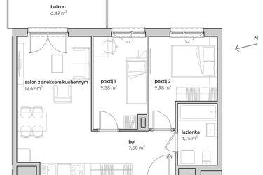 Rzut - Mieszkanie na sprzedaż 3 pokoje o powierzchni 51,23 m² - numer A.01.011 w Unii Lubelskiej Vita