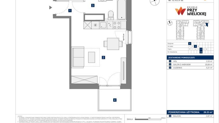Rzut - Mieszkanie na sprzedaż 1 pokój o powierzchni 29,23 m² - numer B-100 w Osiedle przy Wielickiej etap 1.2