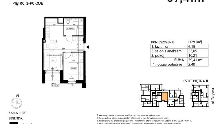 Rzut - Mieszkanie na sprzedaż 2 pokoje o powierzchni 39,41 m² - numer M38 w Finezja