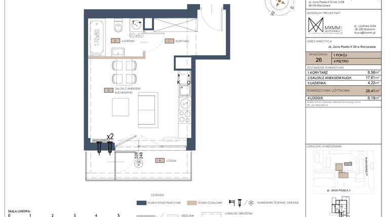 Rzut - Mieszkanie na sprzedaż 1 pokój o powierzchni 28,41 m² - numer 26 w Apartamenty Jana Pawła 34