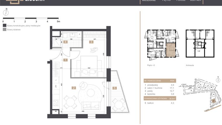 Rzut - Mieszkanie na sprzedaż 2 pokoje o powierzchni 38,5 m² - numer C2_M7 w Stacja Ligocka