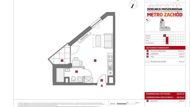 Rzut - Mieszkanie na sprzedaż 1 pokój o powierzchni 29,22 m² - numer A.32 w Dzielnica Mieszkaniowa Metro Zachód - etap 6