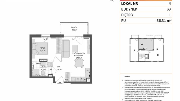 Rzut - Mieszkanie na sprzedaż 2 pokoje o powierzchni 36,31 m² - numer B3.4 w Gdańskie Zacisze