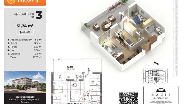 Rzut - Mieszkanie na sprzedaż 3 pokoje o powierzchni 51,74 m² - numer 3 w Słoneczne Tarasy II etap 2