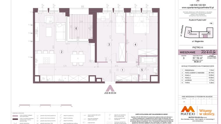 Rzut - Mieszkanie na sprzedaż 3 pokoje o powierzchni 57,19 m² - numer B.03.04 w Apartamenty Józefińska