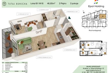 Rzut - Mieszkanie na sprzedaż 2 pokoje o powierzchni 46,85 m² - numer B1.M18 w Tutaj Bunscha