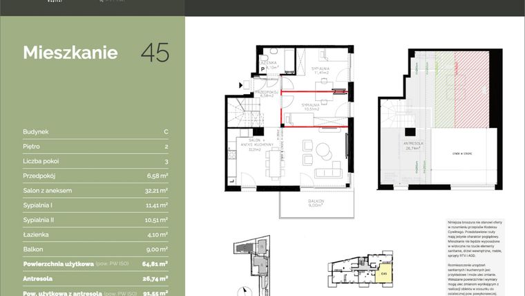 Rzut - Mieszkanie na sprzedaż 3 pokoje o powierzchni 96,16 m² - numer C45 w Stawowa Residence - etap V