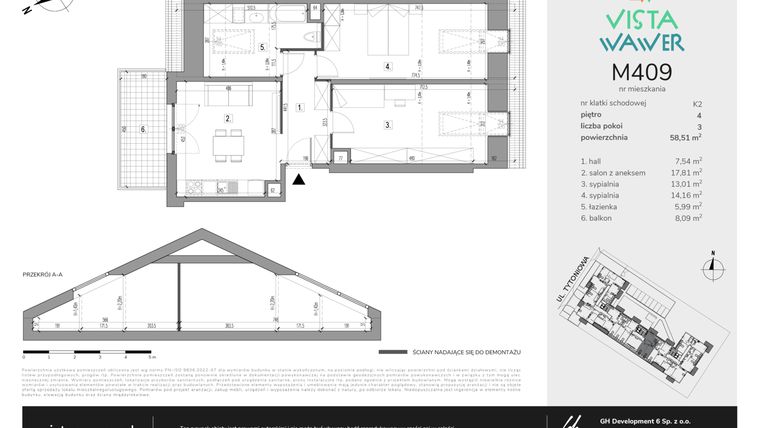 Rzut - Mieszkanie na sprzedaż 3 pokoje o powierzchni 58,51 m² - numer M409 w Vista Wawer