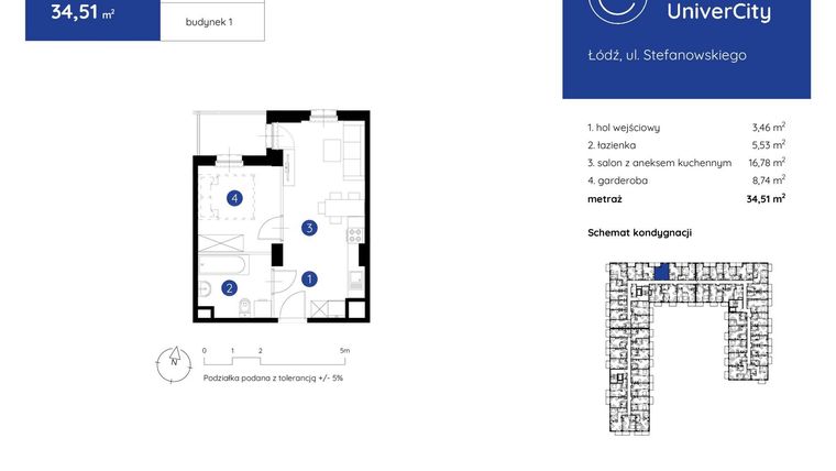 Rzut - Mieszkanie na sprzedaż 1 pokój o powierzchni 34,51 m² - numer 1.B.5.11 w Murapol UniverCity