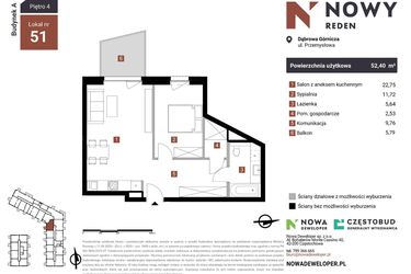 Rzut - Mieszkanie na sprzedaż 2 pokoje o powierzchni 52,4 m² - numer A51-I w Nowy Reden