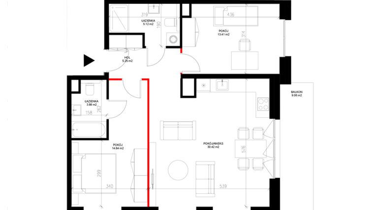 Rzut - Mieszkanie na sprzedaż 3 pokoje o powierzchni 72,92 m² - numer E.1.3 w INSPIRE ETAP IV – bud. E