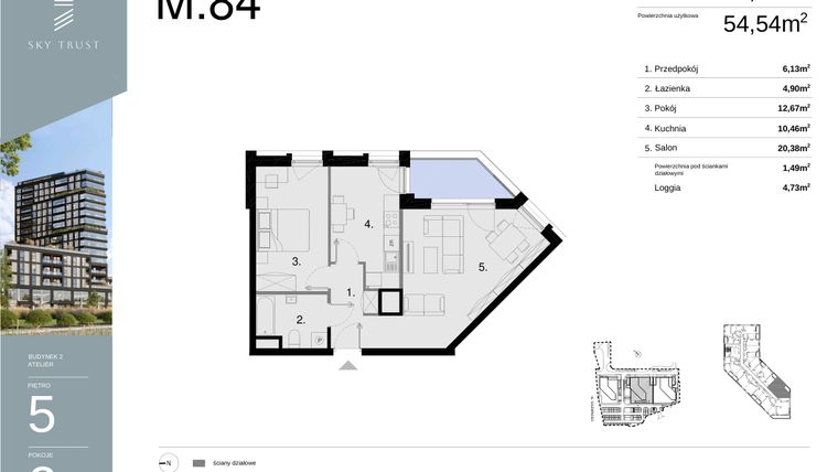 Rzut - Mieszkanie na sprzedaż 2 pokoje o powierzchni 56,03 m² - numer M84 w Sky Trust etap II