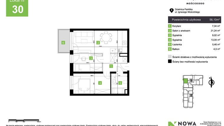 Rzut - Mieszkanie na sprzedaż 3 pokoje o powierzchni 56,1 m² - numer M30 w Nowa Częstochowa Mościckiego