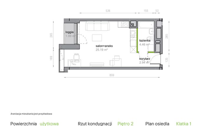 Rzut - Mieszkanie na sprzedaż 1 pokój o powierzchni 32,59 m² - numer K1/2/14 w Piękna Vita