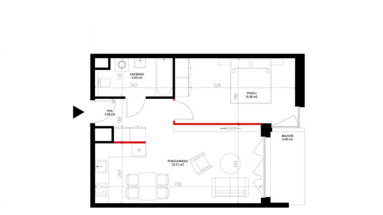 Rzut - Mieszkanie na sprzedaż 2 pokoje o powierzchni 48,66 m² - numer E.7.5 w INSPIRE ETAP IV