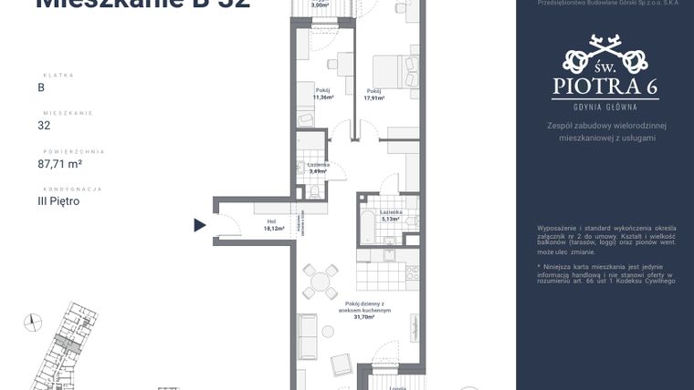 Rzut - Mieszkanie na sprzedaż 3 pokoje o powierzchni 87,71 m² - numer B32 w Św. Piotra