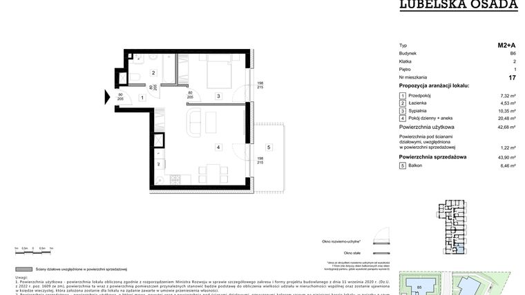 Rzut - Mieszkanie na sprzedaż 2 pokoje o powierzchni 43,9 m² - numer B6.17 w Lubelska Osada budynek B6