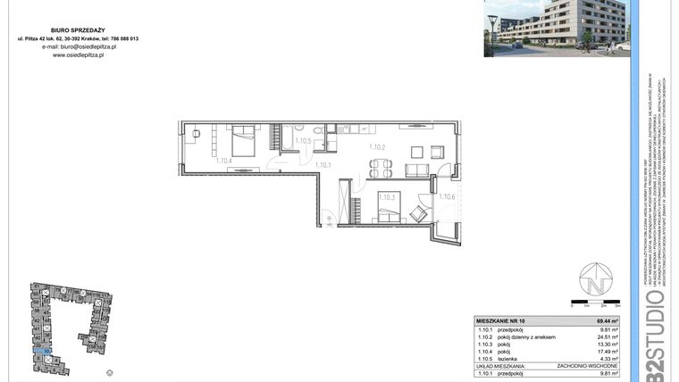 Rzut - Mieszkanie na sprzedaż 3 pokoje o powierzchni 69,59 m² - numer M10 w Osiedle Piltza etap X
