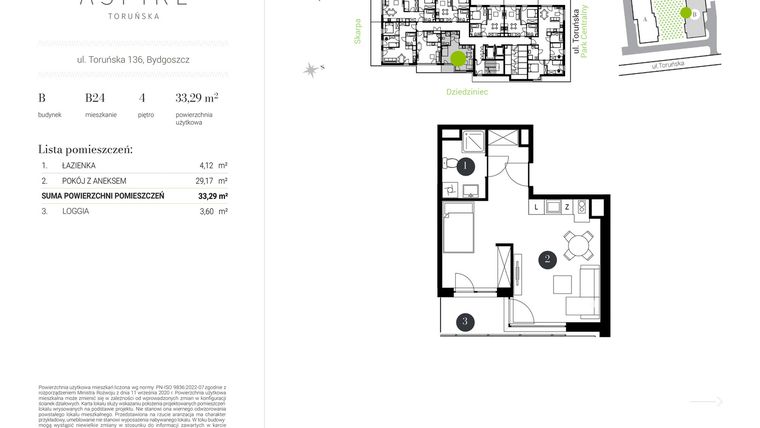 Rzut - Mieszkanie na sprzedaż 1 pokój o powierzchni 33,29 m² - numer B.24 w Aspire
