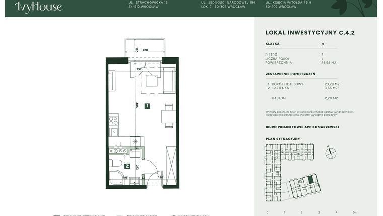 Rzut - Mieszkanie na sprzedaż 1 pokój o powierzchni 26,95 m² - numer C.4.2 w IVY HOUSE - Apartamenty inwestycyjne