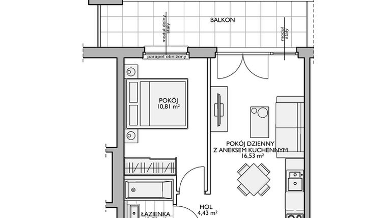Rzut - Mieszkanie na sprzedaż 2 pokoje o powierzchni 36,43 m² - numer WO/O16/20 w Wiszące Ogrody