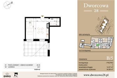 Rzut - Mieszkanie na sprzedaż 1 pokój o powierzchni 35,29 m² - numer B5 w Dworcowa 28
