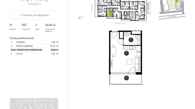 Rzut - Mieszkanie na sprzedaż 1 pokój o powierzchni 26,68 m² - numer B.15 w Aspire