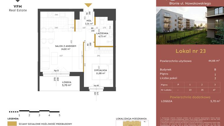 Rzut - Mieszkanie na sprzedaż 2 pokoje o powierzchni 44,66 m² - numer 23 w Stacja Błonie etap II