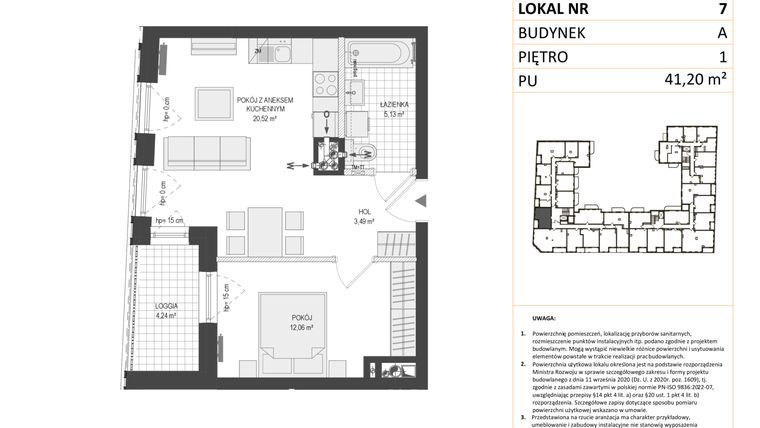 Rzut - Mieszkanie na sprzedaż 2 pokoje o powierzchni 41,2 m² - numer A.7 w Esencja