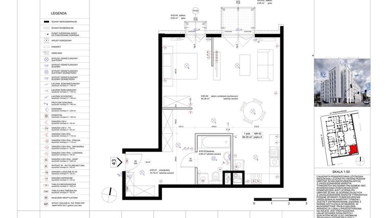 Rzut - Mieszkanie na sprzedaż 1 pokój o powierzchni 60,69 m² - numer 43 w Biała Kamienica
