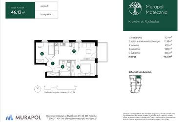 Rzut - Mieszkanie na sprzedaż 3 pokoje o powierzchni 46,13 m² - numer 4.A.1.09 w Murapol Mateczniq bud. 4
