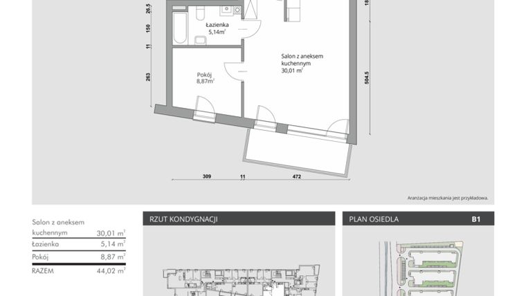 Rzut - Mieszkanie na sprzedaż 2 pokoje o powierzchni 44,02 m² - numer B1/22 w Lipska 61