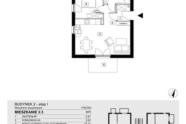 Rzut - Mieszkanie na sprzedaż 2 pokoje o powierzchni 43,47 m² - numer 2.3 w Jasieny