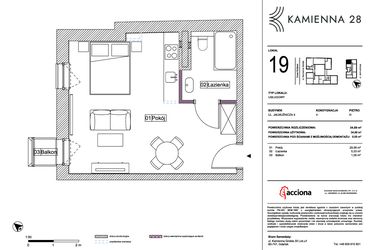 Rzut - Mieszkanie na sprzedaż 1 pokój o powierzchni 34,89 m² - numer 4.19 w Kamienna 28 - apartamenty inwestycyjne