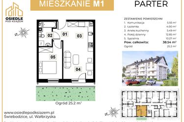 Rzut - Mieszkanie na sprzedaż 2 pokoje o powierzchni 38,54 m² - numer M01 w Osiedle Pod Książem