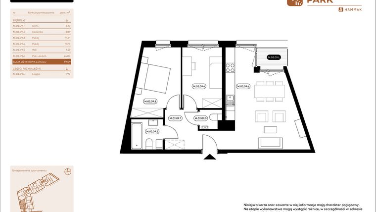 Rzut - Mieszkanie na sprzedaż 3 pokoje o powierzchni 59,09 m² - numer 2.09 w Białoprądnicka Park