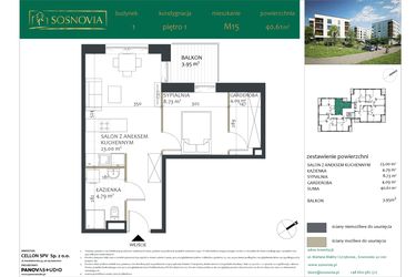 Rzut - Mieszkanie na sprzedaż 2 pokoje o powierzchni 40,61 m² - numer 1.M15 w Sosnovia