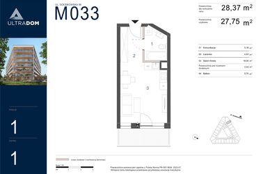 Rzut - Mieszkanie na sprzedaż 1 pokój o powierzchni 28,37 m² - numer M033 w Ultradom